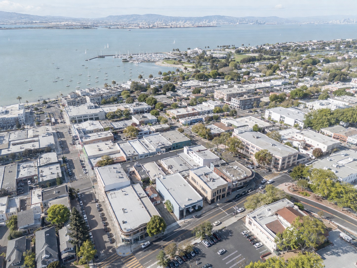 Aerial view of Alameda, California and the East Bay shoreline