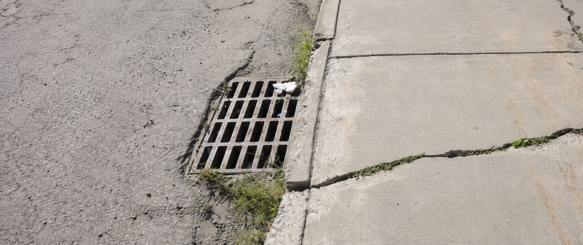 A cracked, heaved sidewalk that has become a trip hazard