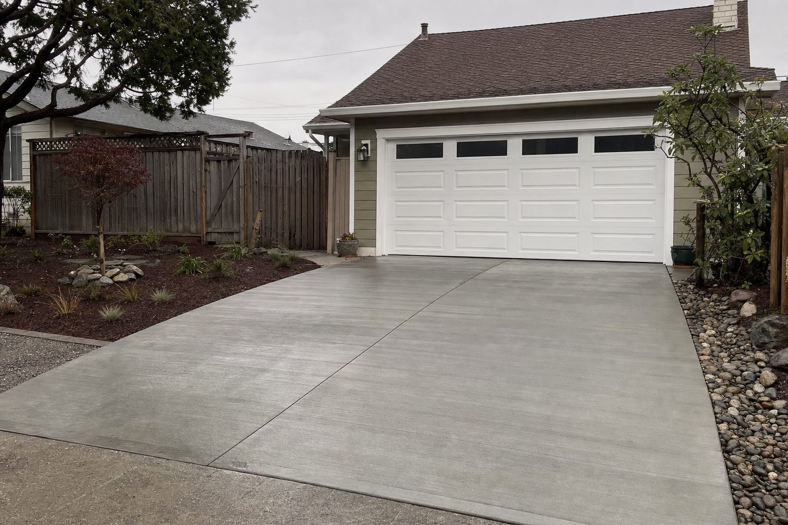 New broom-finished concrete driveway at an Oakland home